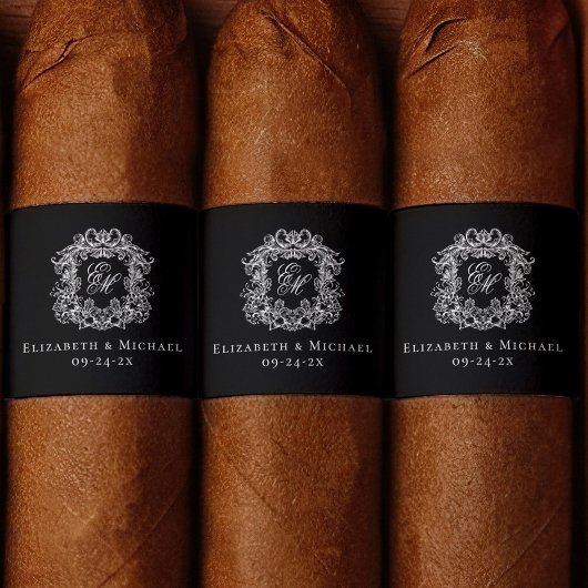 Étiquette Elegant Black Monogram Wedding Crest Cigar Band 