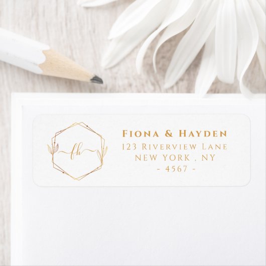 Étiquette Élégant Blanc Or Monogramme Mariage Retour (En situation)