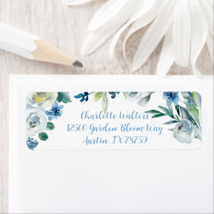 Étiquette Élégant bleu blanc floral Cursive Adresse de retou