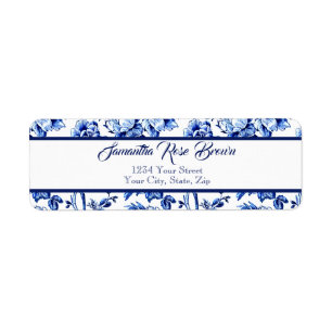 Étiquette Élégant bleu et blanc toile florale Adresse de ret