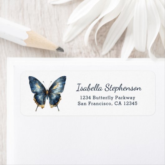 Étiquette Elegant Blue and Gold Butterfly Return Address (En situation)