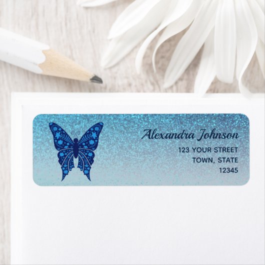 Étiquette Elegant Blue Butterfly Return Address (En situation)