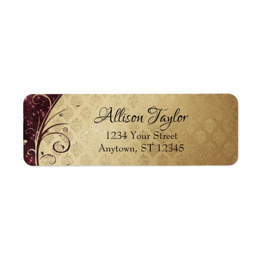 Étiquette Elegant Burgundy and Gold Damask Return Address (Devant)