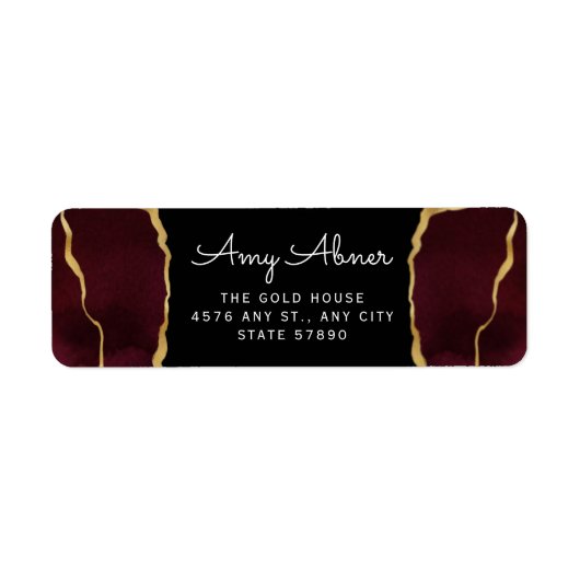 Étiquette Elegant Burgundy Gold Agate Mariage Adresse de ret (Devant)