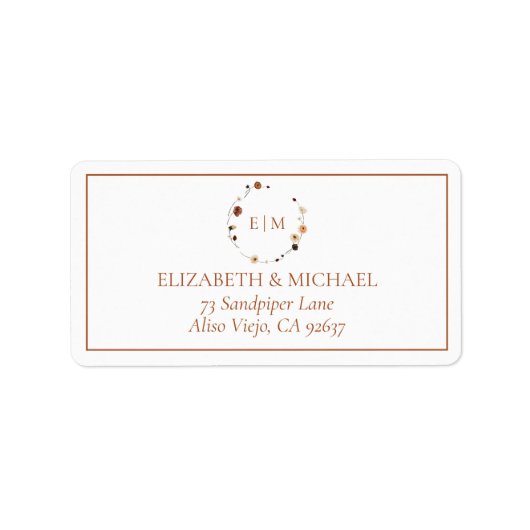 Étiquette Élégant Burnt Orange Floral Crest Monogramme Adres (Devant)