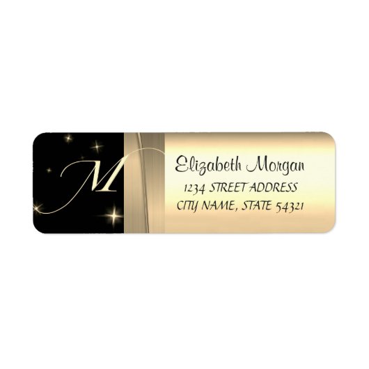 Étiquette Élégant Chic Luxe, Faux Or, Noir, Monogramme (Devant)