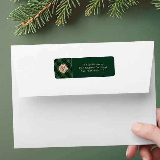 Étiquette Elegant Christmas Green Plaid Return Address