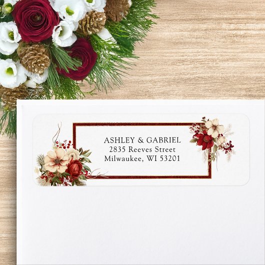 Étiquette Elegant Christmas Red Damask Floral