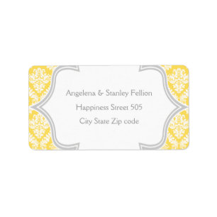 Étiquette Elégant citron jaune, gris mariage damassé