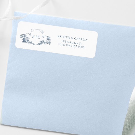 Étiquette Élégant classique Dusty Bleu Français Floral Crest