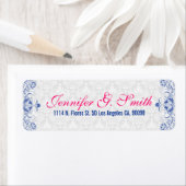 Étiquette Elégant Damas blanc & Royal Blue Floral Damas (En situation)