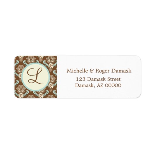 Étiquette Élégant Damas Custom Monogramme Brown Blanc Bleu (Devant)