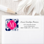 Étiquette Elégant Damask Navy & Rose Custom Monogramme (En situation)