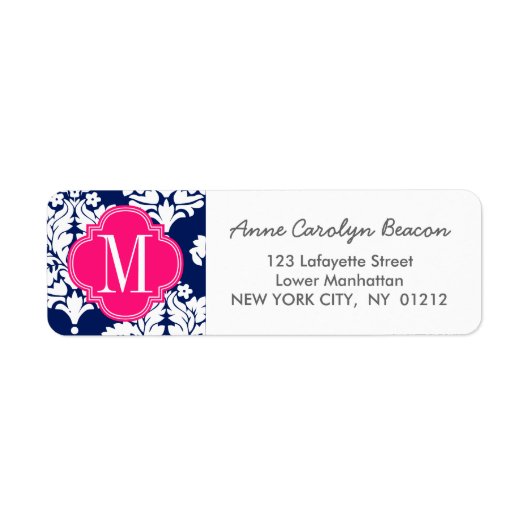 Étiquette Elégant Damask Navy & Rose Custom Monogramme (Devant)