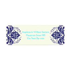 Étiquette Elégant damassé bleu marine, aqua, mariage d'ivoir