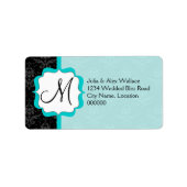 Étiquette Élégant Damassé Turquoise Monogramme (Devant)