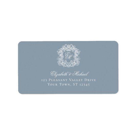 Étiquette Elegant Dusty Blue Monogram Crest Wedding Address (Devant)