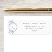 Étiquette Elegant Dusty Blue Monogram Mariage Adresse de ret