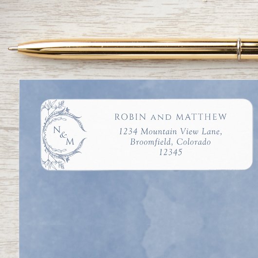 Étiquette Elegant Dusty Blue Monogram Mariage Adresse de ret