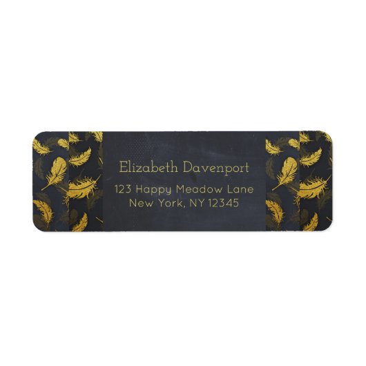 Étiquette Élégant Et Chic Motif De Plumes Noir Et Or (Devant)