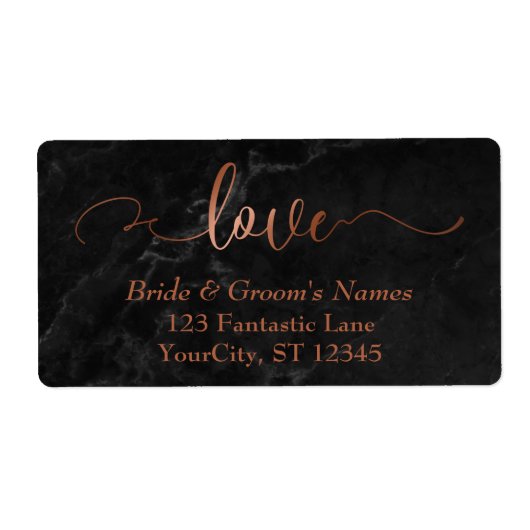 Étiquette Élégant Faux Cuivre, Marbre Noir Script d'amour (Devant)