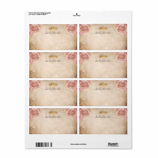 Étiquette Elégant Floral Blush Rose Gold Crown Livraison (Feuille entière)