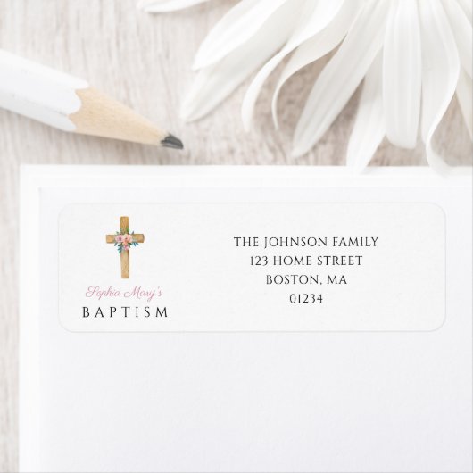 Étiquette Élégant Floral Moderne Religieux Croix Baptême (En situation)