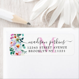 Étiquette Élégant floral Peony Blush Pink Script Monogramme