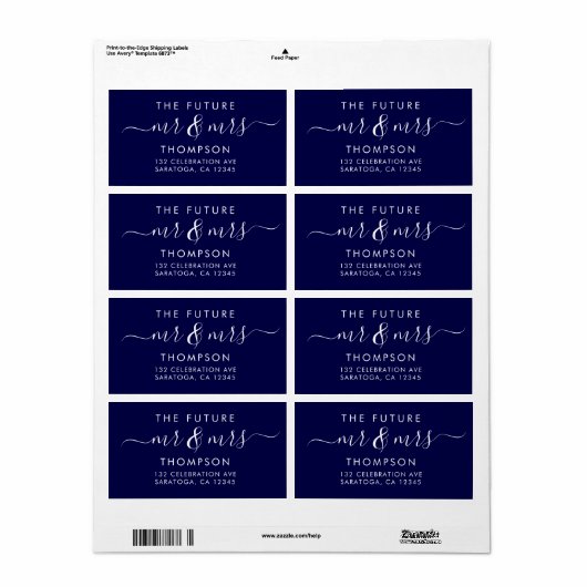 Étiquette Elégant Futur M. et MRS Script Marine moderne bleu (Feuille entière)