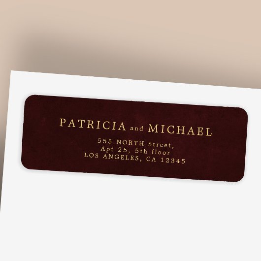 Étiquette Elegant gold burgundy wedding return address