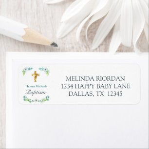 Étiquette Elegant Gold Cross Blue Floral Baptism Address