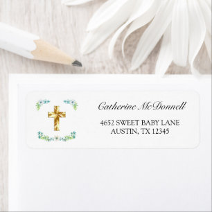 Étiquette Elegant Gold Cross Boy Baptism Return Address