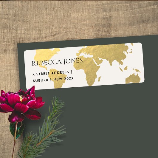 ÉTIQUETTE ELEGANT GOLD FAUX KRAFT WORLD MAP ADDRESS