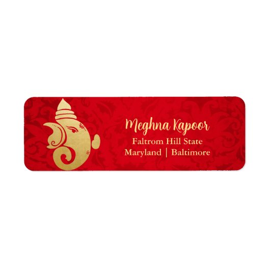 Étiquette Elégant Gold Foil Ganapati Indian God Red Damask (Devant)