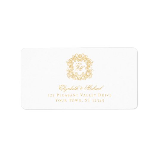 Étiquette Elegant Gold Monogram Crest Wedding Address (Devant)