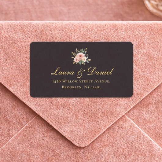 Étiquette Elegant Gold Roses & Black Return Address Label