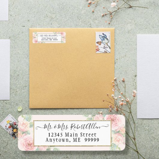 Étiquette Élégant Gold Script Botanical Rose rose n Verdure