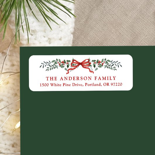 Étiquette Elegant Holly Berries Bow Noël Adresse de retour
