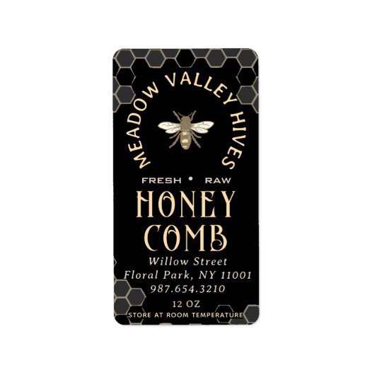 Étiquette Elégant HONEYCOMB noir avec Motif peigne & abeille (Devant)