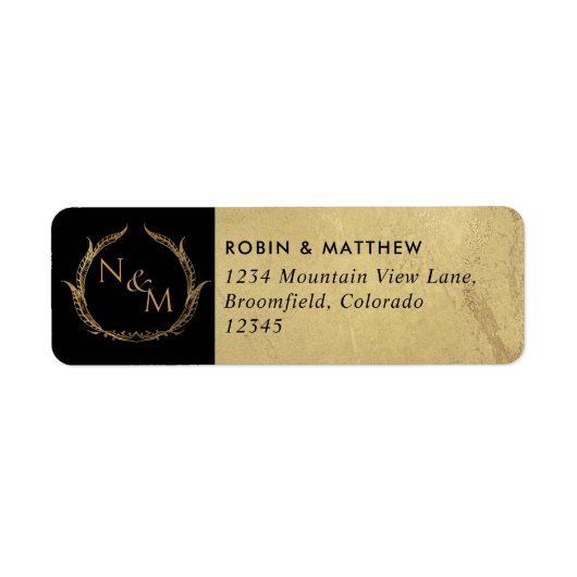 Étiquette Élégant Mariage monogramme noir et or (Devant)
