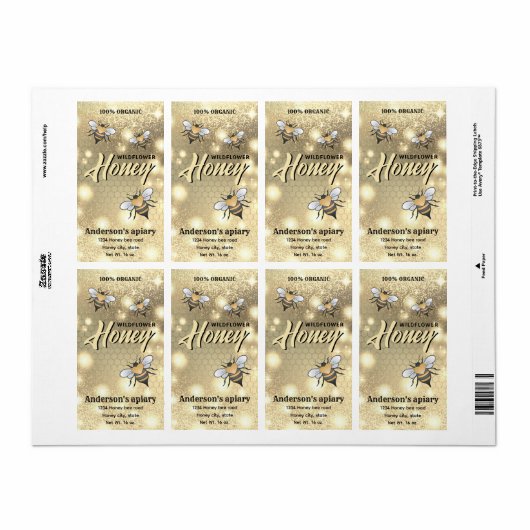 Étiquette Élégant moderne lumineux Sparkle abeilles miel pot (Feuille entière)
