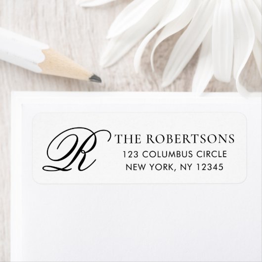 Étiquette Elegant Monogram Black White Return Address Label (En situation)
