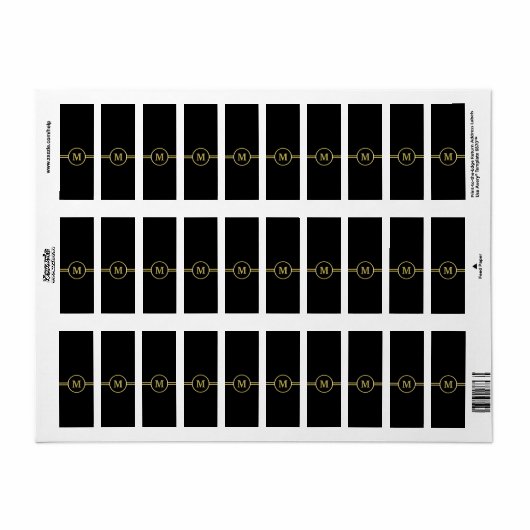 Étiquette Élégant Monogramme or sur noir (Feuille entière)