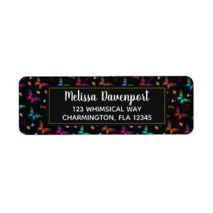 Étiquette Élégant Motif de papillons colorés sur noir