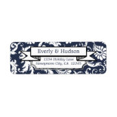 Étiquette Elegant Navy Blue Floral Damask Adresse de retour (Devant)