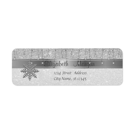 Étiquette Élégant, Noël, Flocon de neige Paillettes Argentée (Devant)