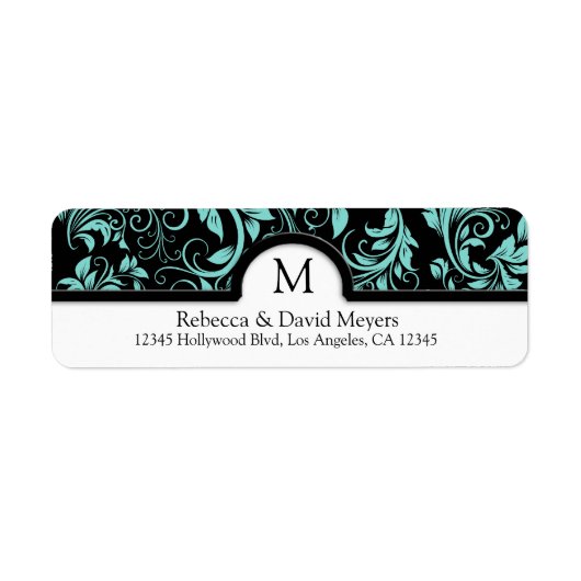 Étiquette Elégant noir et bleu Turquoise avec Monogramme (Devant)