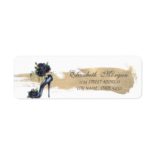 Étiquette Élégant noir Roses hauts talons Or Brush Stroke (Devant)