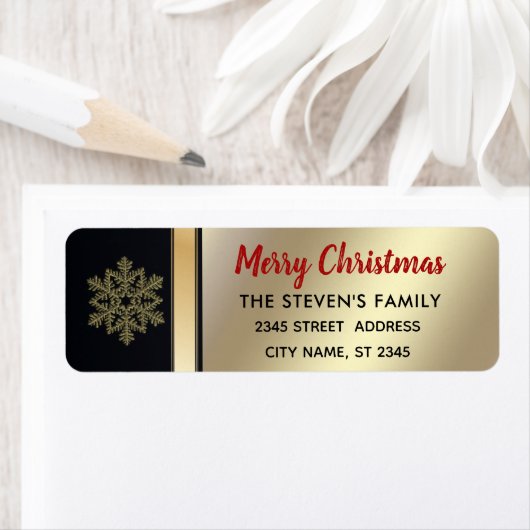 Étiquette Élégant or moderne / flocon de Noël noir (En situation)