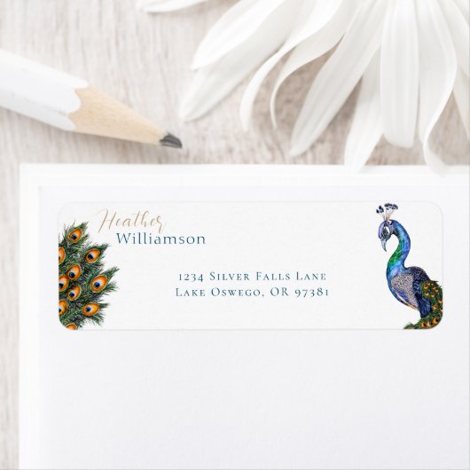 Étiquette Elégant Peacock Aquarelle (En situation)